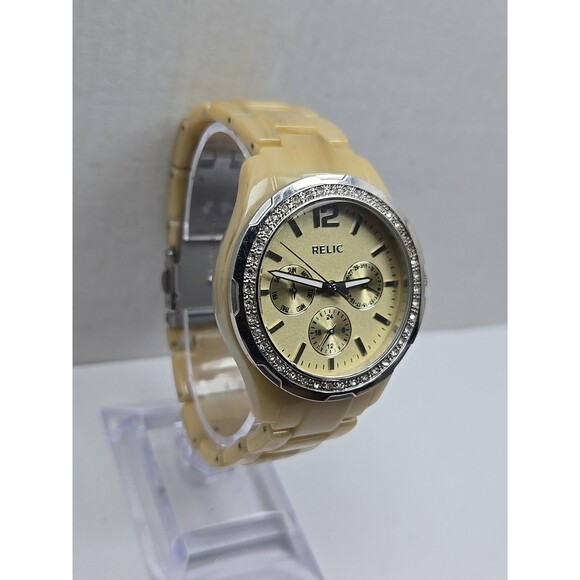 Relic by Fossil Womens Beige Resin Crystal Day Date Quartz Watch New Battery main image 9